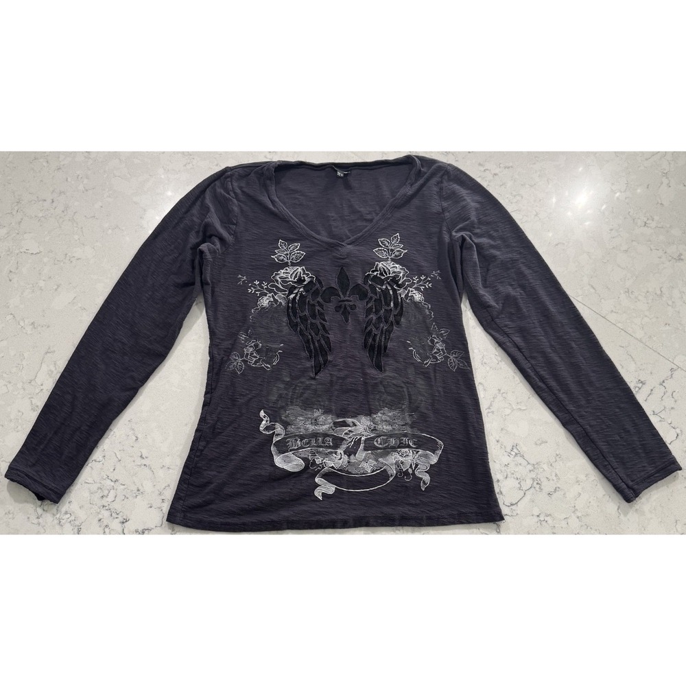 VTG Y2K Vanity Angel Wings Graphic T-Shirt Womens XL Black Charcoal Made In USA
